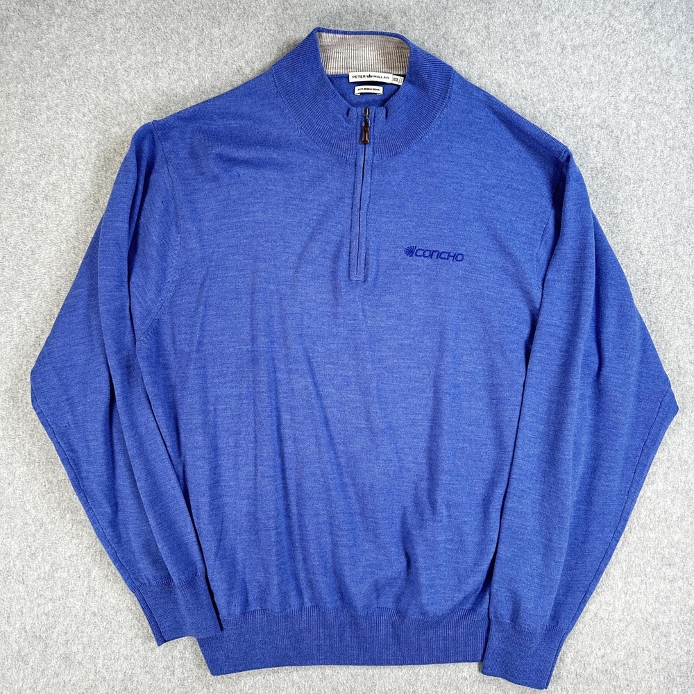 Peter Millar Sweater Mens 2XL Blue 1/4 Zip Merino Wool Mock Neck Concho Pullover